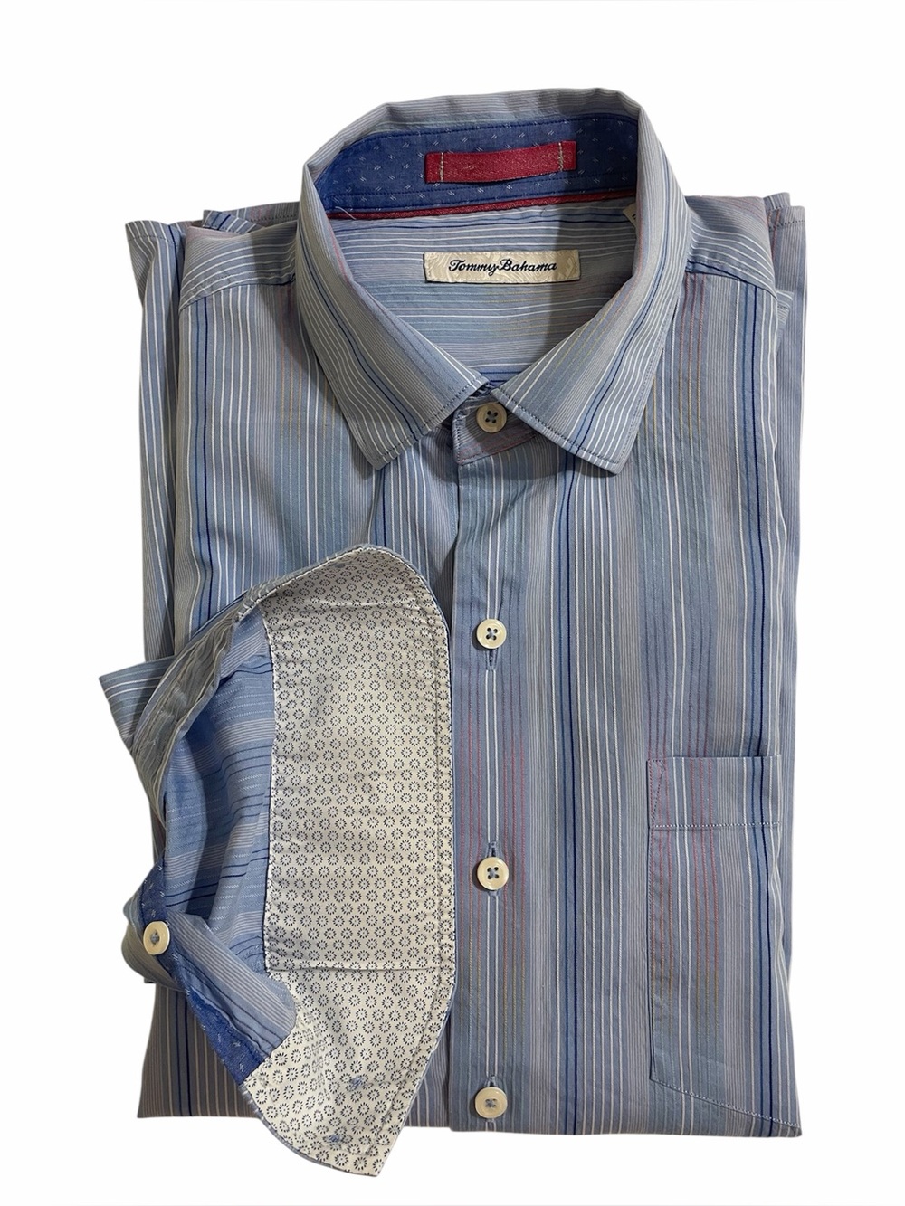 TOMMY BAHAMA MENS Blue Striped Cotton/Silk Coastal Preppy L/S B/D Shirt Medium